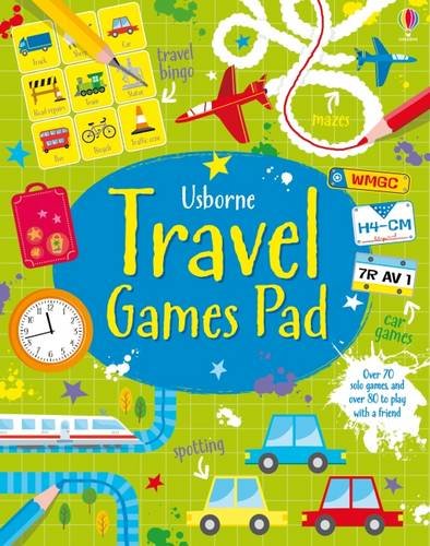 Cover of Usborne Travel Games Pad featuring illustrations of cars, planes, and a clock.