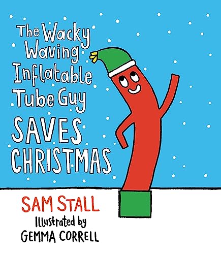 Red inflatable tube guy wearing a Santa hat against a blue background.