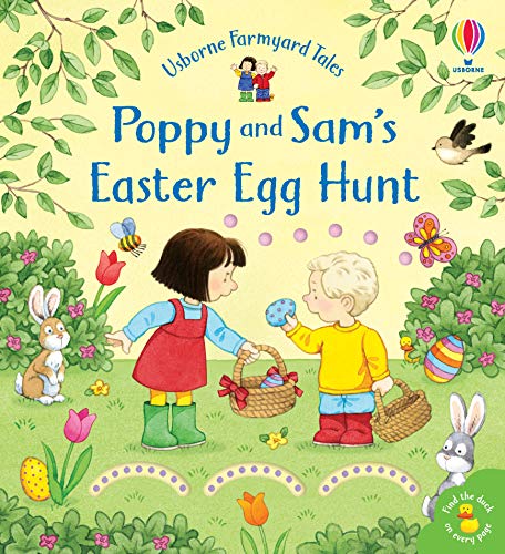 Poppy and Sam with baskets, hunting Easter eggs in a garden.