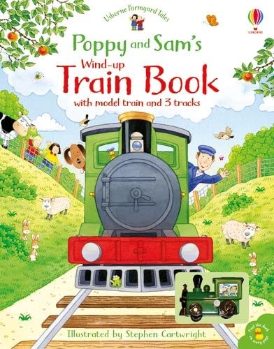 Illustrated book cover featuring a green steam train, farm animals, and a toy train.