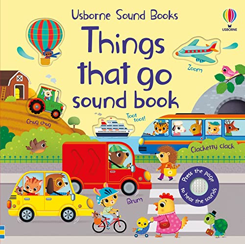 Cover of Usborne Things That Go sound book featuring cartoon animals and vehicles.