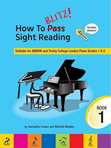 Piano sight-reading book with illustration of a piano, music, and golden key.