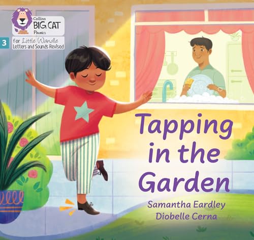 Book cover: boy tapping, garden, and father washing dishes indoors.