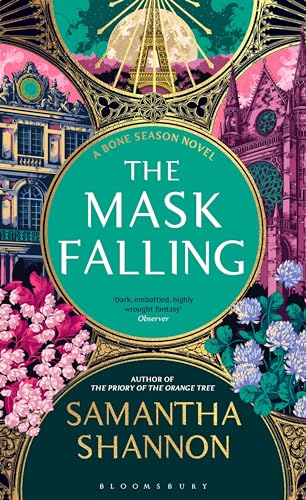 Book cover for The Mask Falling by Samantha Shannon featuring gothic architecture and floral illustrations.