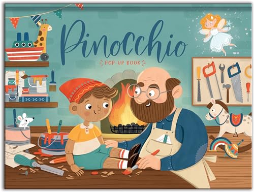 “Pinocchio” pop-up book cover with Geppetto, Pinocchio, and toys.