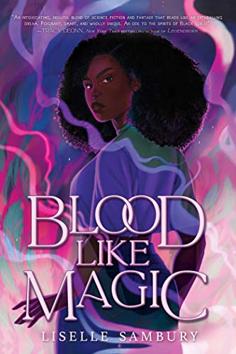 A Black woman with curly hair stands amidst swirling pink and purple magical energy.