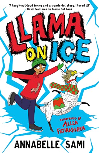 Girl and llama ice skating, illustrated book cover, bright colors.