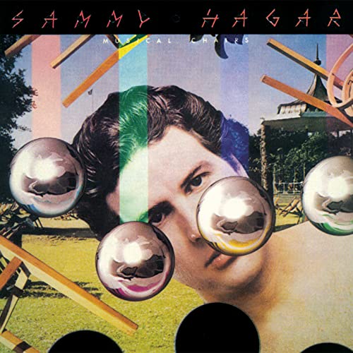 Sammy Hagar album cover featuring his face surrounded by floating chrome spheres in park.