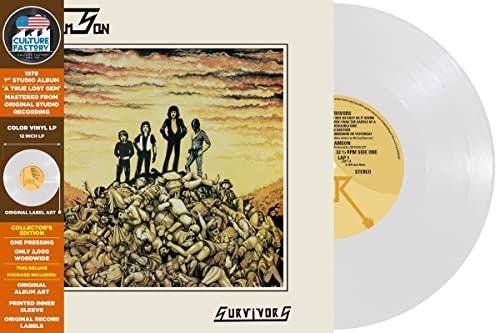 Samson Survivors album cover art with a milky clear vinyl record next to it.