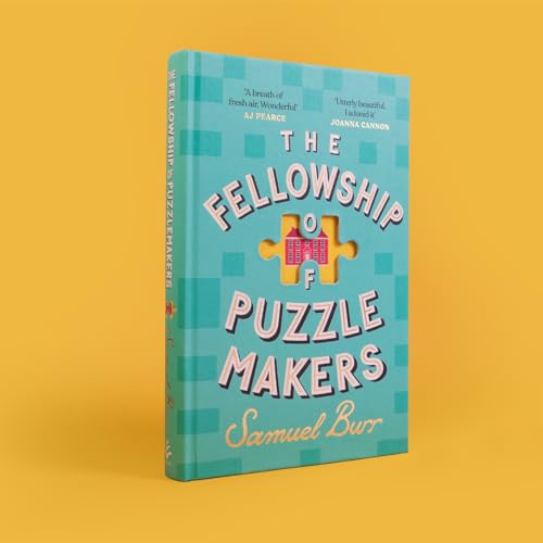 Book cover: "The Fellowship of Puzzlemakers" with a yellow puzzle piece design.