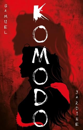 Book cover: red background, silhouette of a woman, bold white "KOMODO" text.
