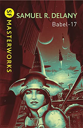 Book cover: futuristic cityscape with a helmeted figure and planets.