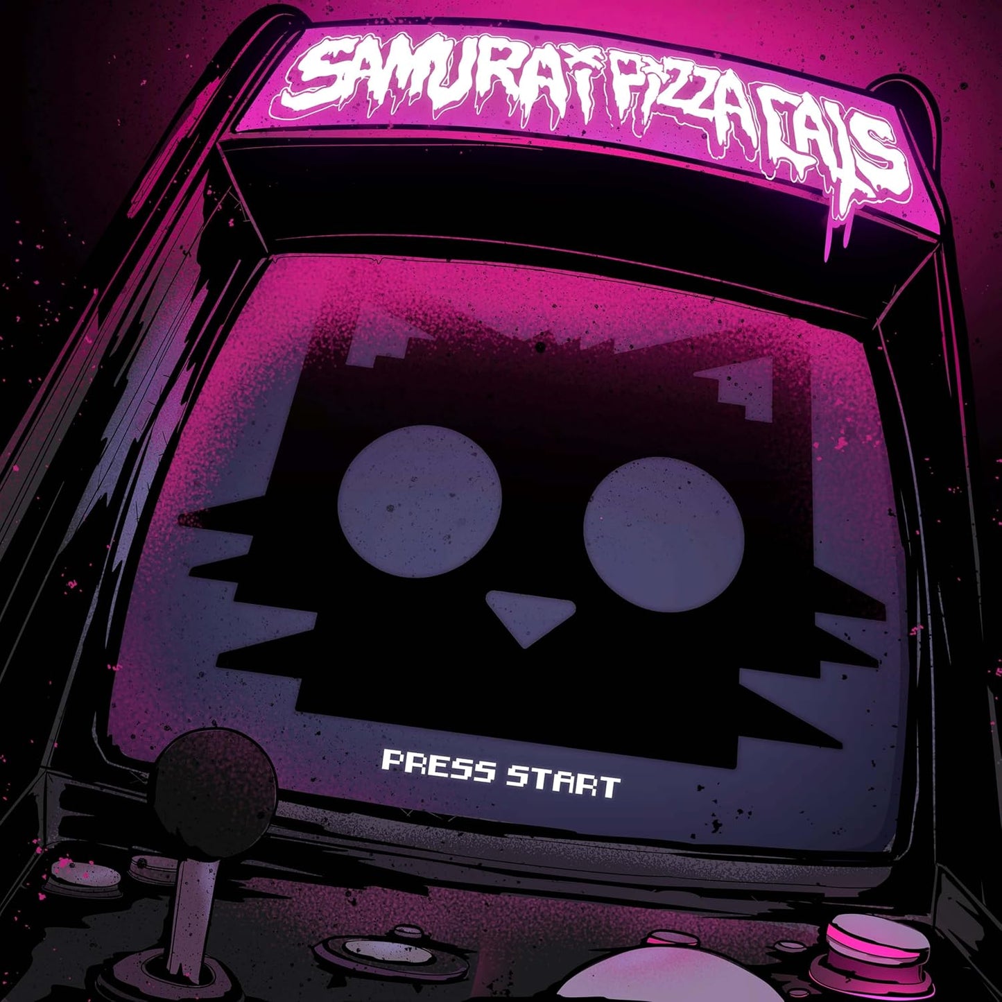 Arcade cabinet screen displaying a pixelated cat face with "PRESS START".