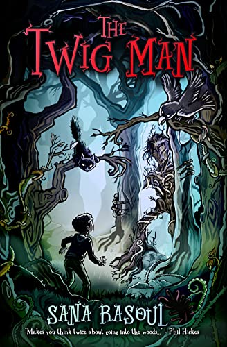 A boy stands in a dark forest facing a creature made of twisted tree branches.