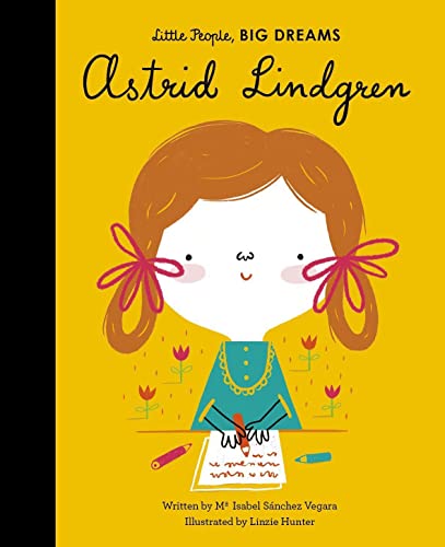 Book cover featuring illustrated young Astrid Lindgren writing in a notebook.