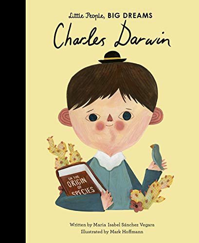 Illustrated book cover of young Charles Darwin holding a book and bird.