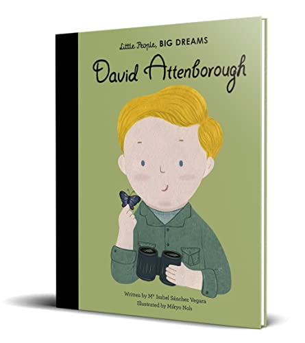 Book cover featuring illustrated young David Attenborough with binoculars and a butterfly.
