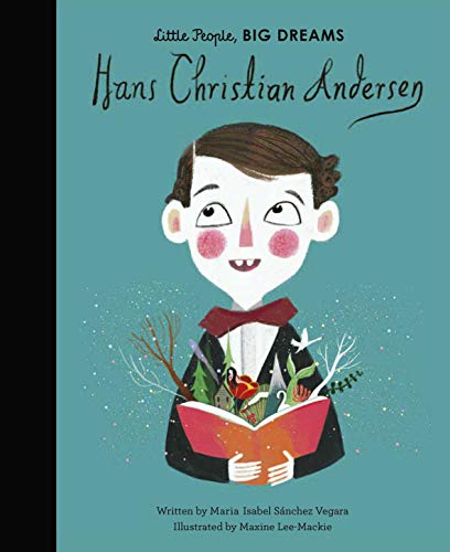 Book cover featuring illustrated young Hans Christian Andersen with an open book.