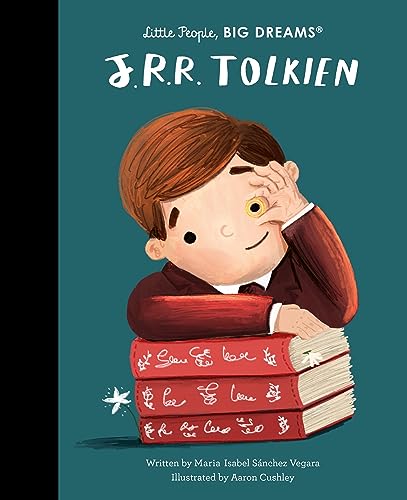 Book cover illustration of a young J.R.R. Tolkien looking through a golden ring.