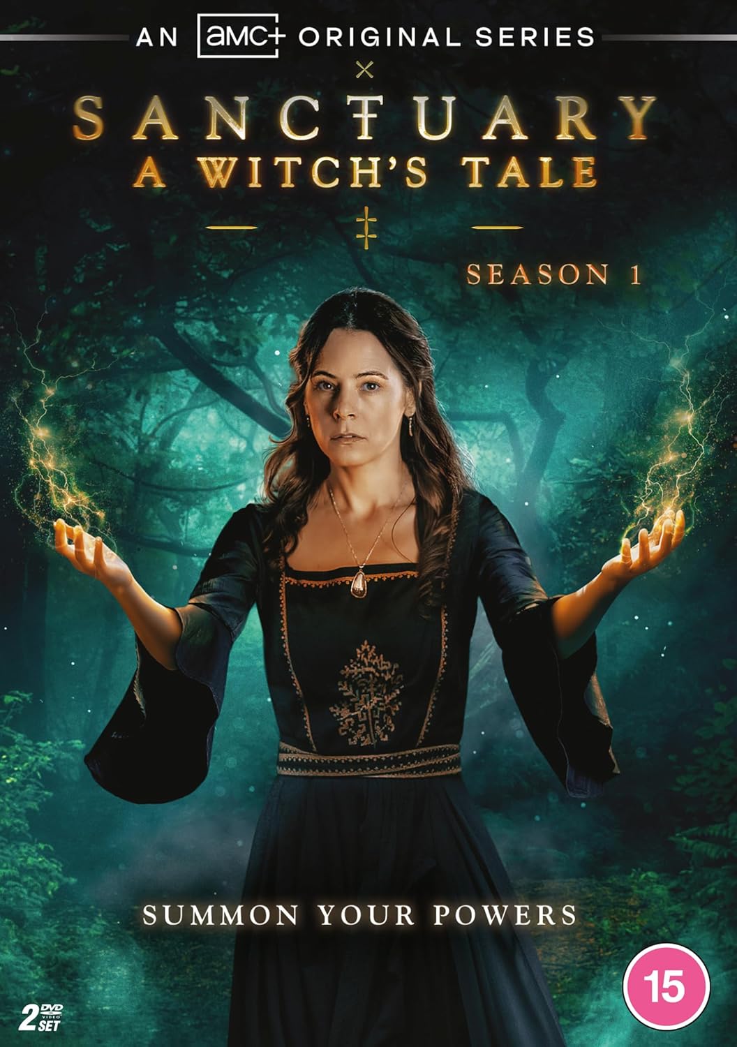DVD cover for "Sanctuary: A Witch's Tale" featuring a woman with outstretched hands.
