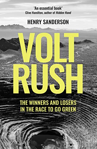 Book cover featuring large yellow text over a black and white open-pit mine image.