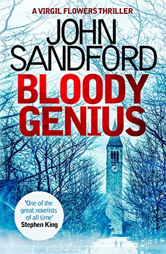 Book cover for “Bloody Genius” by John Sandford, with a snowy landscape.