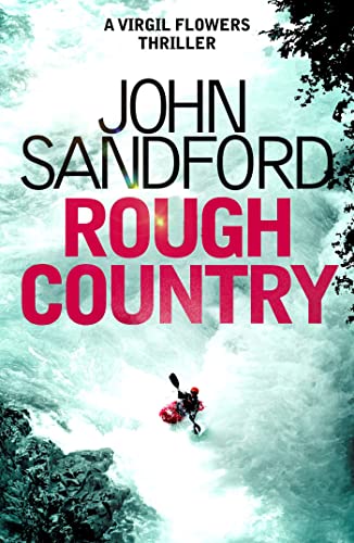 Book cover: "Rough Country" by John Sandford, with a waterfall scene.