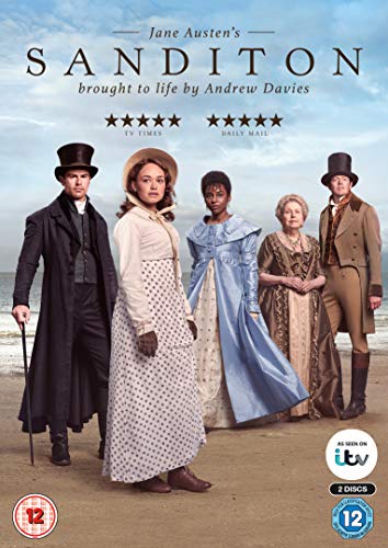 Sanditon DVD cover featuring five characters in Regency-era clothing on a beach.