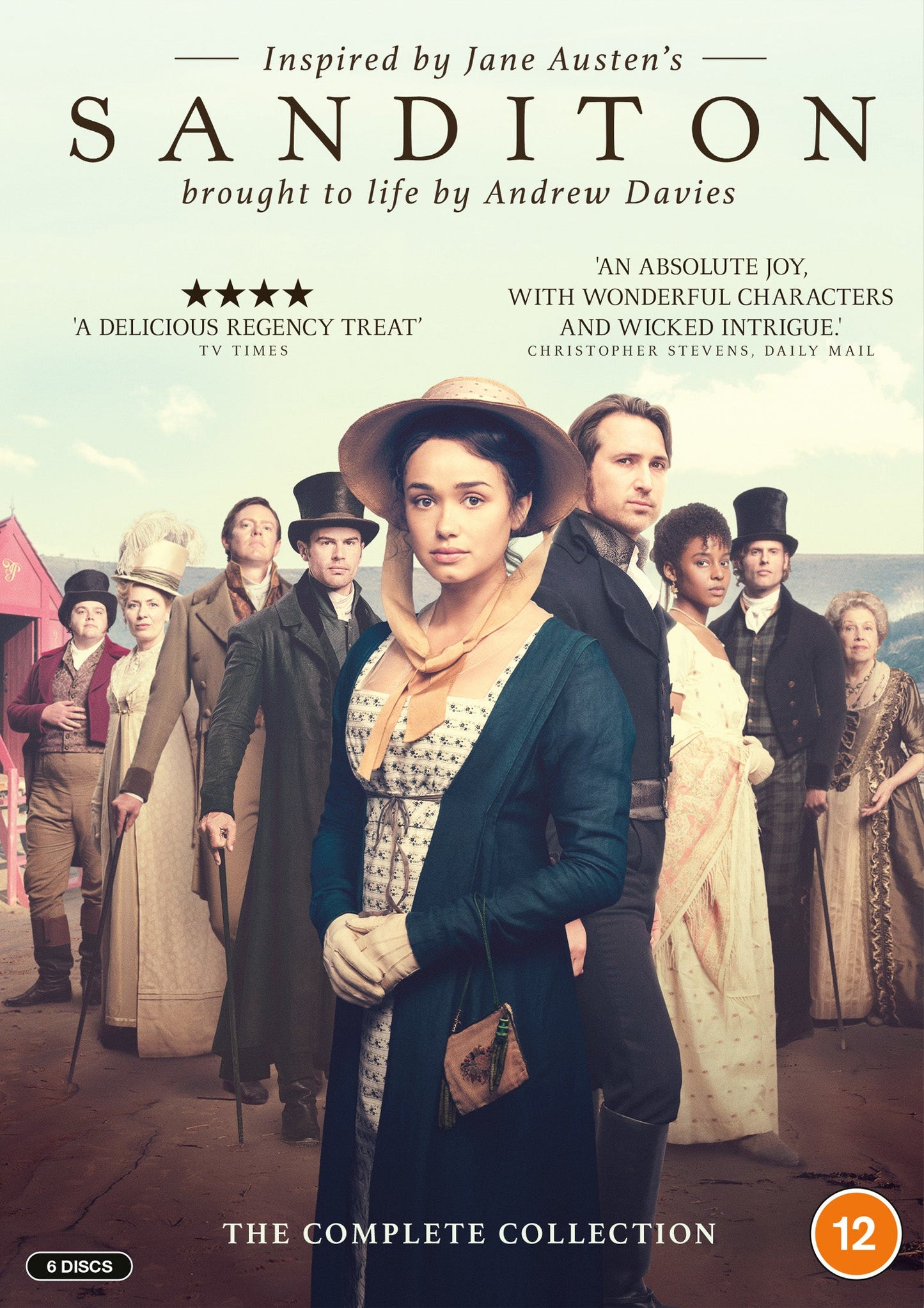 Sanditon DVD cover featuring a group of actors in Regency-era clothing.