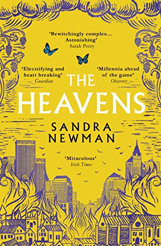 Book cover: yellow background, city skyline with flames, butterflies, and text.