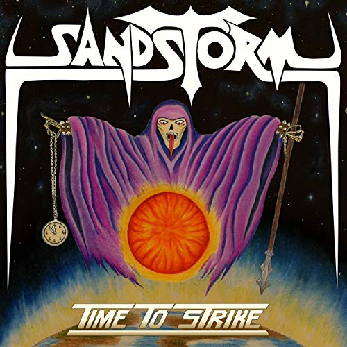 CD cover for Sandstorm’s “Time To Strike” featuring a cloaked figure.