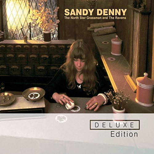 Sandy Denny sits at a counter in an apothecary-style room on this album cover.
