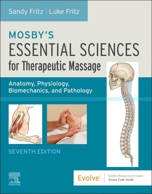 Textbook cover: "Mosby's Essential Sciences for Therapeutic Massage" with skull illustration.
