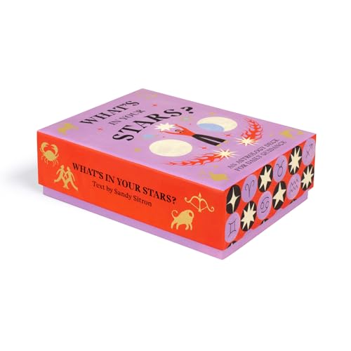 Rectangular astrology card deck in a red and lavender box with zodiac symbols.