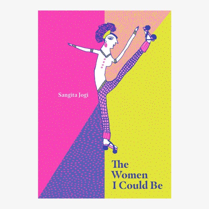 Book cover with illustrated woman in a dynamic pose, pink and yellow background.