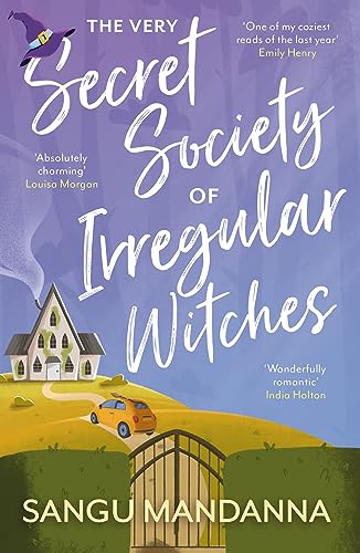 Book cover illustration featuring a house, a yellow car, and a purple witch hat.