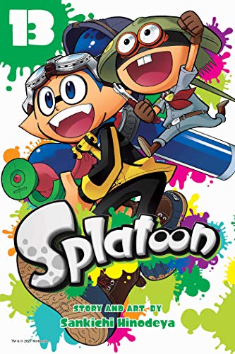 Two cartoon Inkling characters jump excitedly against a background of colorful paint splatters.