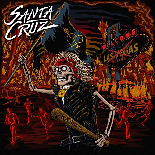 Skeleton wielding a bat amidst a burning Las Vegas scene.