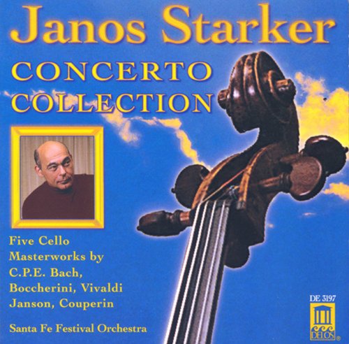 CD cover featuring cellist Janos Starker and a cello against a blue sky.