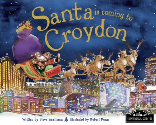 Santa and reindeer fly over a nighttime cityscape of Croydon.