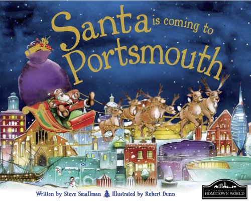 Santa and reindeer fly over a snowy Portsmouth cityscape.