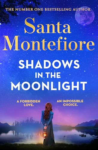 Book cover: dark landscape, woman with lantern, moonlit sky, title “Shadows in the Moonlight”.