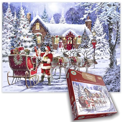 Santa with reindeer and sleigh in a snowy winter landscape.