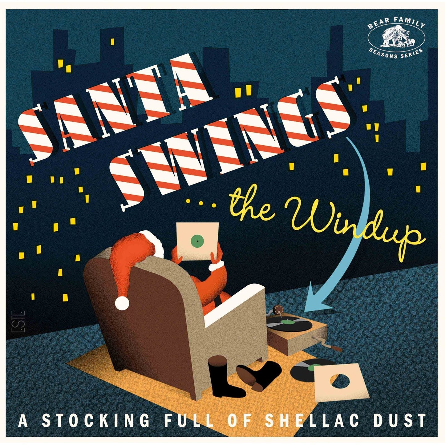 Santa Claus sits in an armchair listening to a record player against a city skyline.