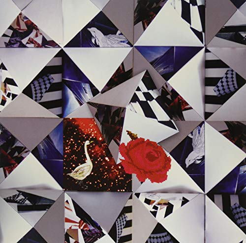 Collage of triangles featuring swans, roses, and checkered patterns.