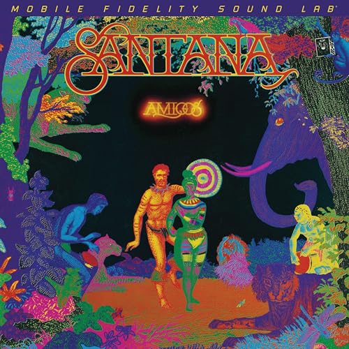 Santana’s “Amigos” vinyl album cover with psychedelic, colorful artwork.