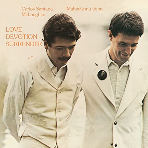 Carlos Santana and John McLaughlin standing together on the Love Devotion Surrender album cover.