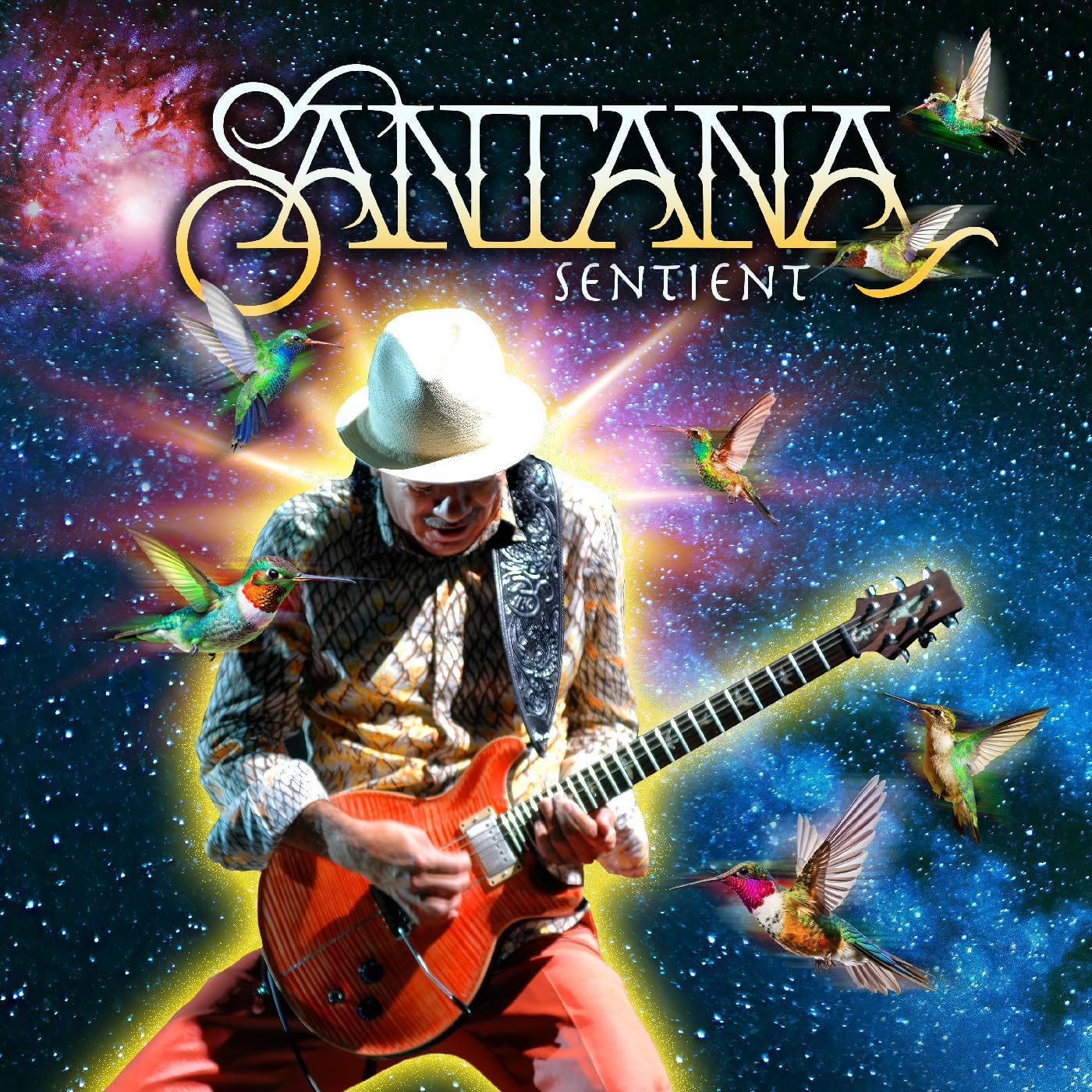 Carlos Santana playing guitar with hummingbirds against a cosmic background.