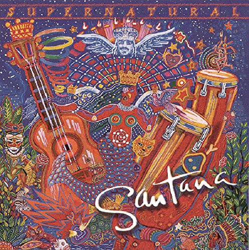 Colorful, surrealist album cover art featuring a guitar, conga drums, and a mermaid figure.