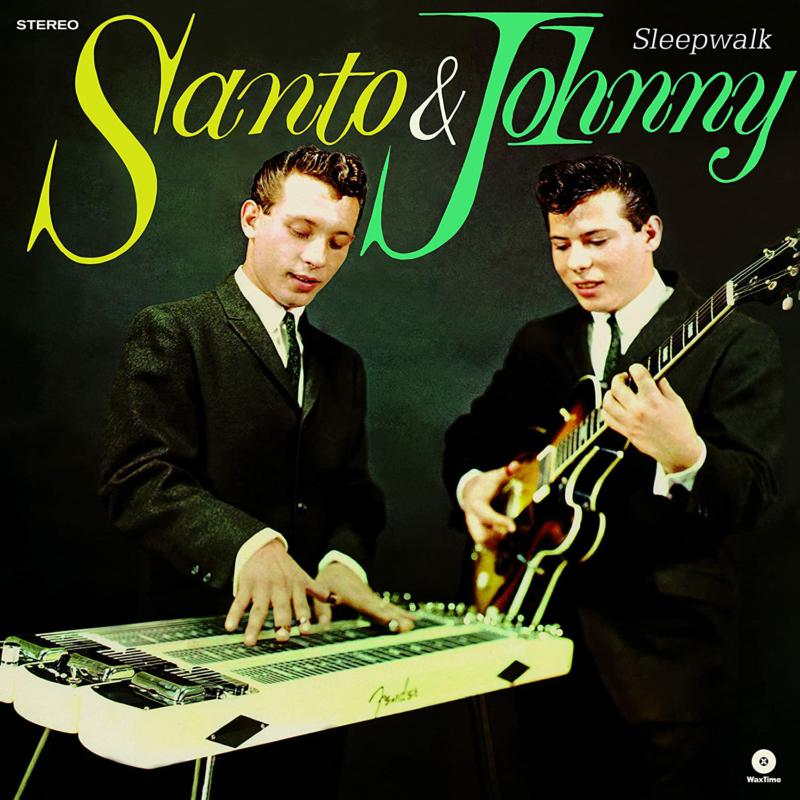Album cover featuring Santo and Johnny playing a steel guitar and electric guitar.